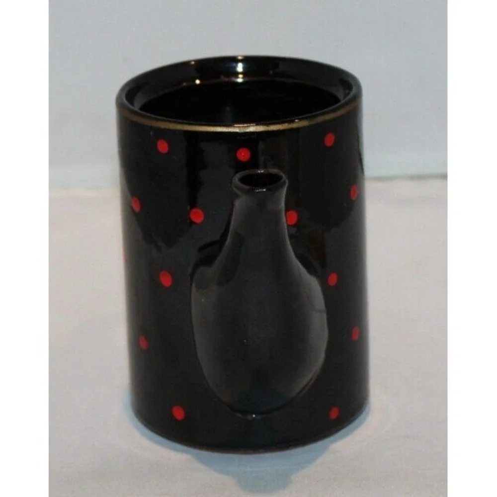 vintage 3 stack tea pot with creamer & cup black red polka dots gold trim Japan